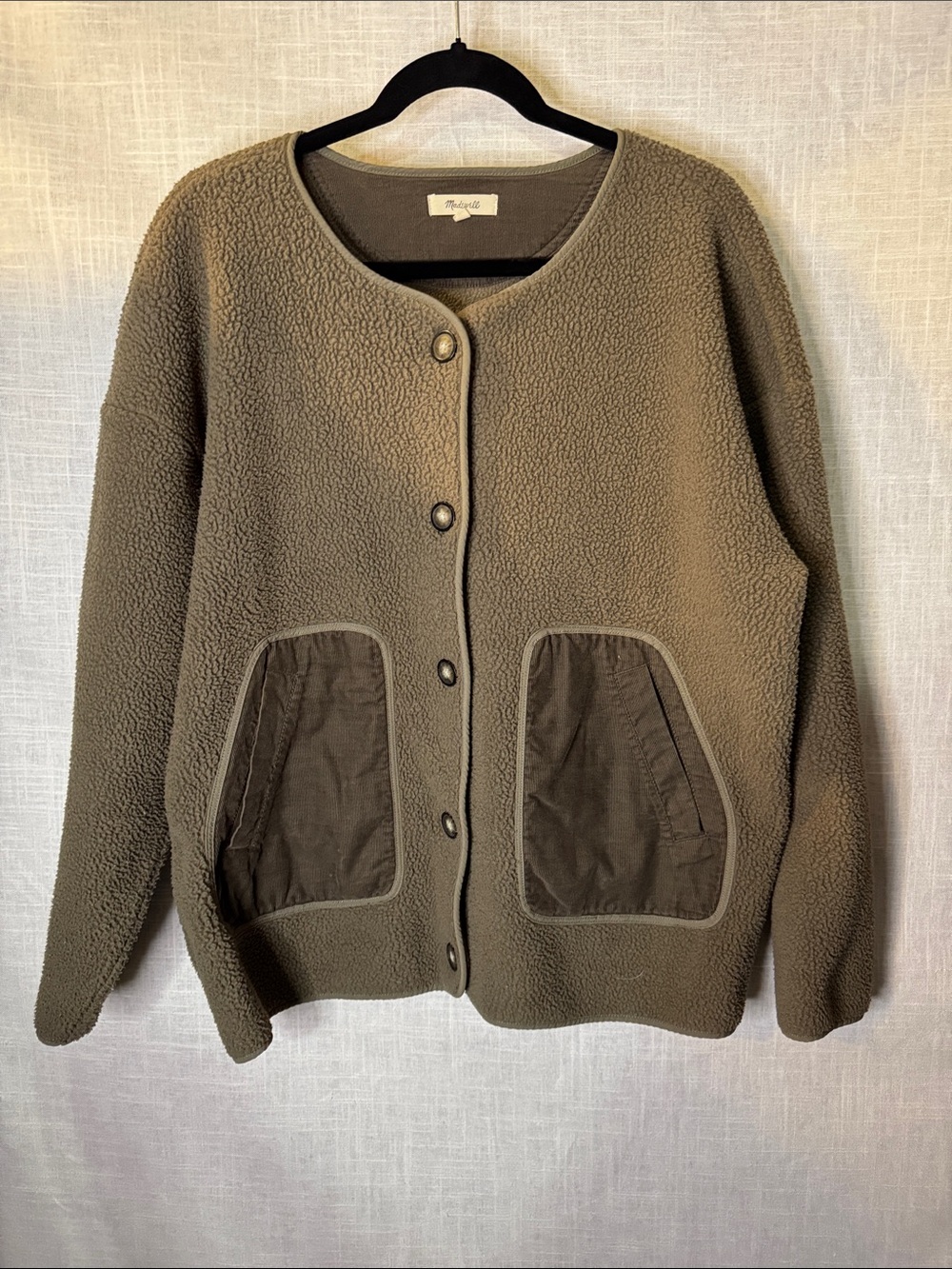 Madewell Olive Green Teddy Jacket with Contrast Patch Pockets